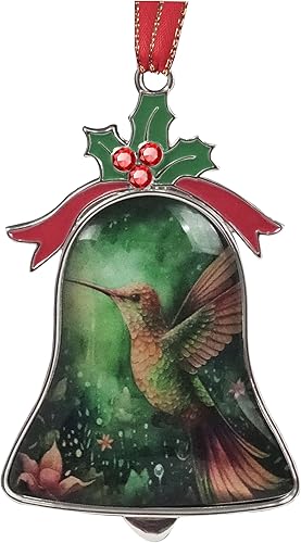 Colibrí sobre fondo de bosque Campana de Navidad adorno colgante decoración de metal colgante adornos de Navidad para decoración del hogar,