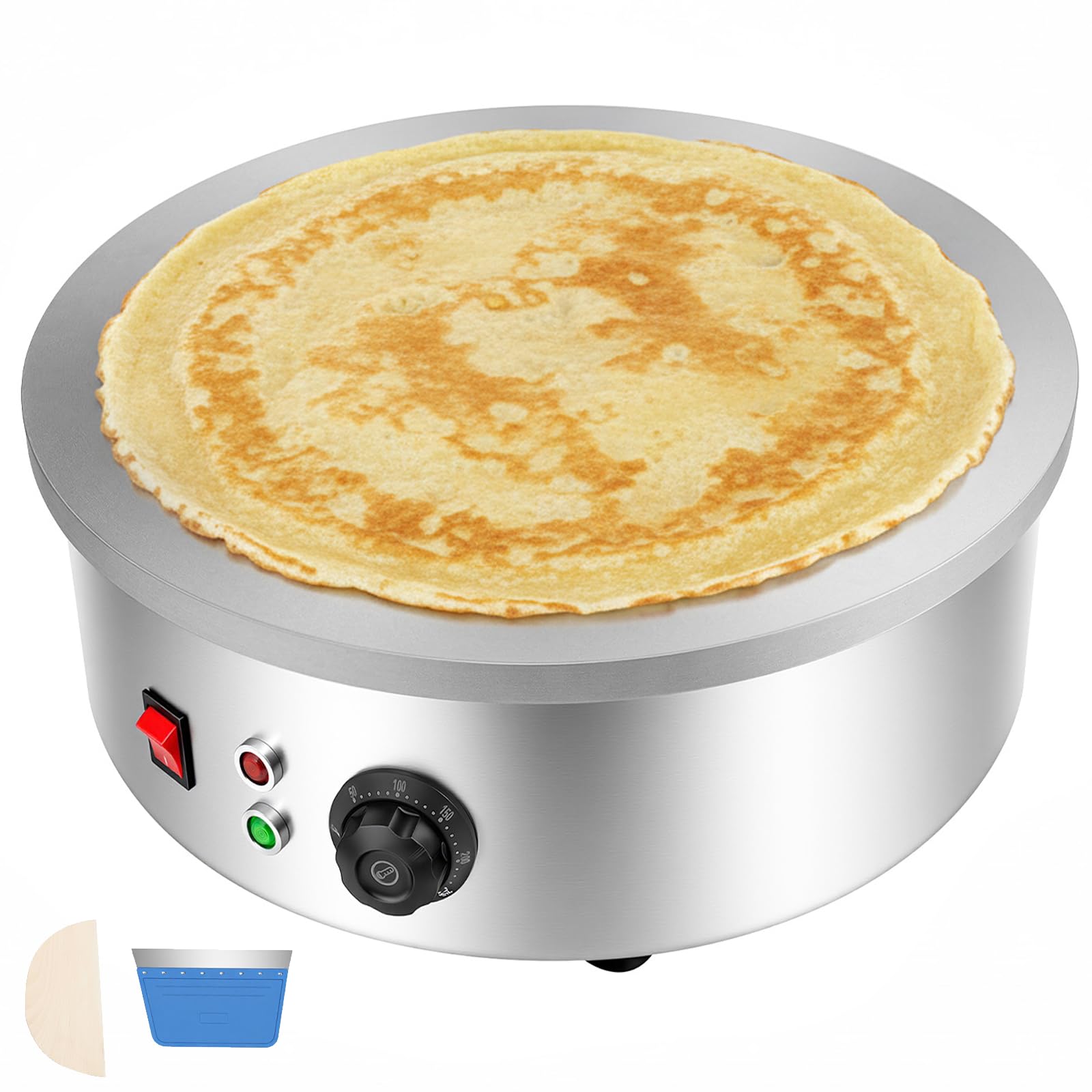 Crepa eléctrica profesional 3000 W, placa para crepes de hierro fundido 45 cm, temperatura ajustable 50-300 ℃, aparato para panqueques con distribuidor y espátula, para tortillas
