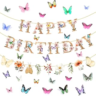 Flower Butterfly Happy Birthday Banner Wildflower Garland with Butterfly Sticker Set for Baby in Bloom Baby Shower Groovy Floral Fairy Butterflies Party Decorations