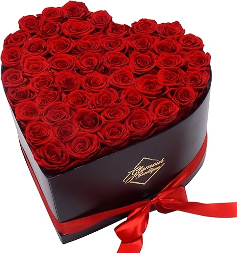GLAMOUR BOUTIQUE - Caja en forma de corazón con 50 flores, rosas preservadas, regalo para mujer, color rojo Rojo 50 Rosas