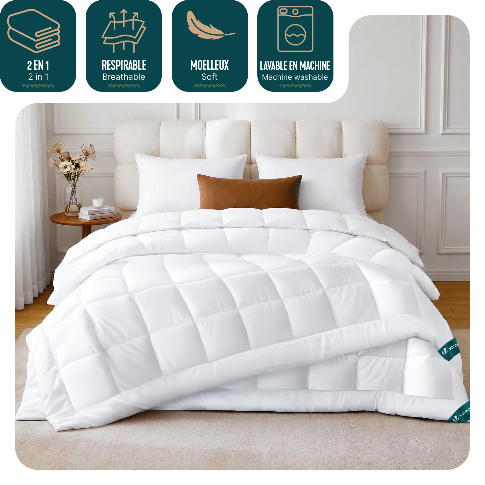 vounot® Couette 4 Saisons 220x240 cm 3 en 1-200g/m²+ 300g/m²= 500g/m² Couette Hiver en Microfibre Couverture Douce avec Rembourrage Moelleux Certifiée Oeko-Tex Blanc