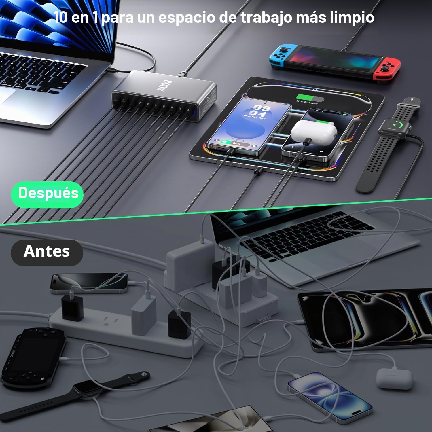 Cargador USB C de 800 W, Charger USB de 10 Puertos, Cargador rápido para Ordenador portátil, Fuente de alimentación PD Compatible con MacBook Pro/Air/DELL/iPhone/Galaxy/portátil/Tableta/móvil