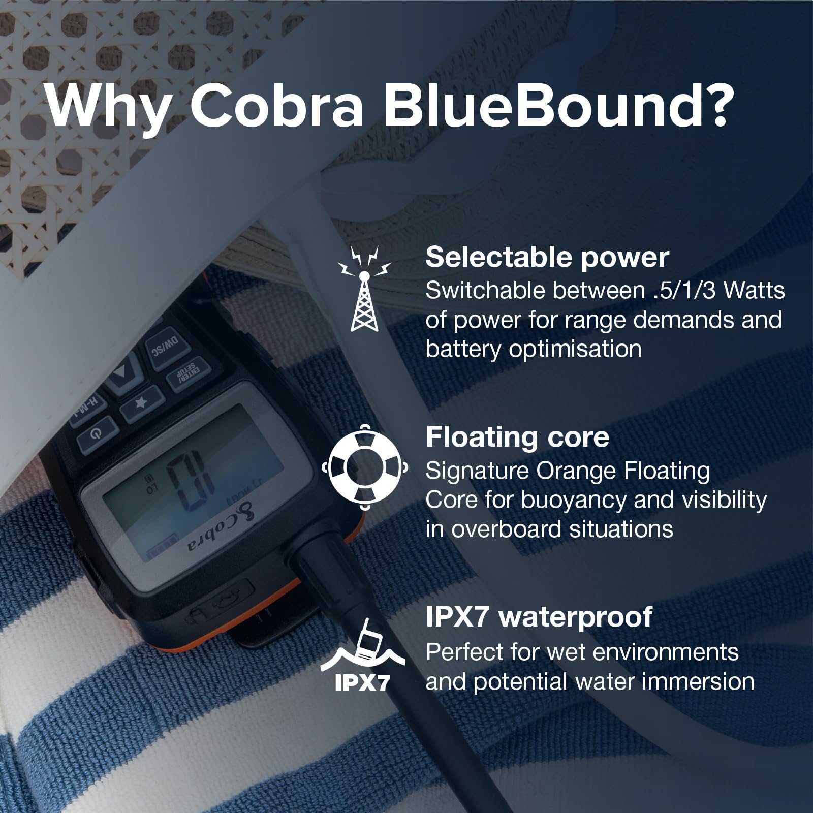 Cobra BlueBound 150 Radio Marina VHF de Mano, 3 W, Flotante, IPX7 Impermeable, Sumergible, Pantalla LCD, escaneo de Memoria, Clip para cinturón, Color Negro