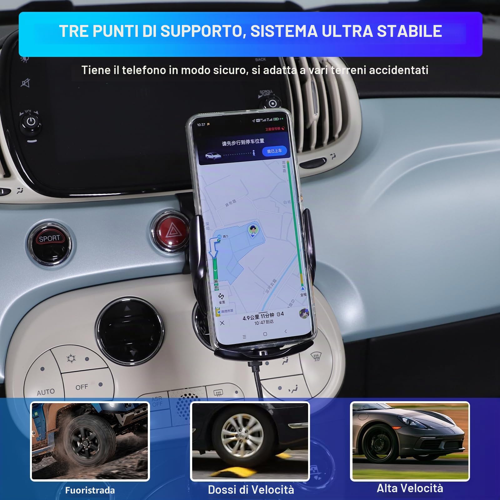 Supporto per telefono cellulare auto compatibile con Fiat 500 2016-2024, console centrale, supporto per telefono cellulare a rotazione 360° (stile C carica wireless)