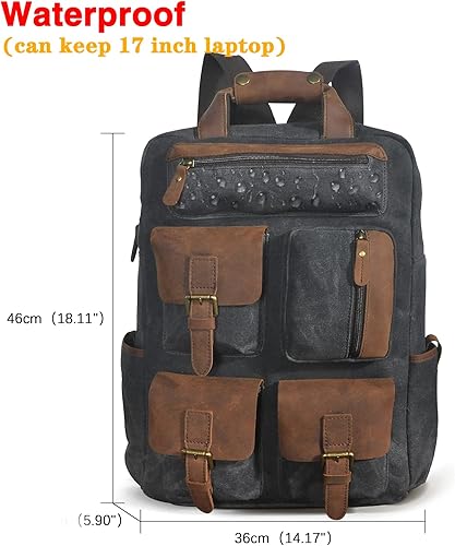 Miniatura 2 de Le'aokuu Lona y cuero genuino impermeable unisex adulto mochila diaria mochila casual bolsa de viaje, Negro -