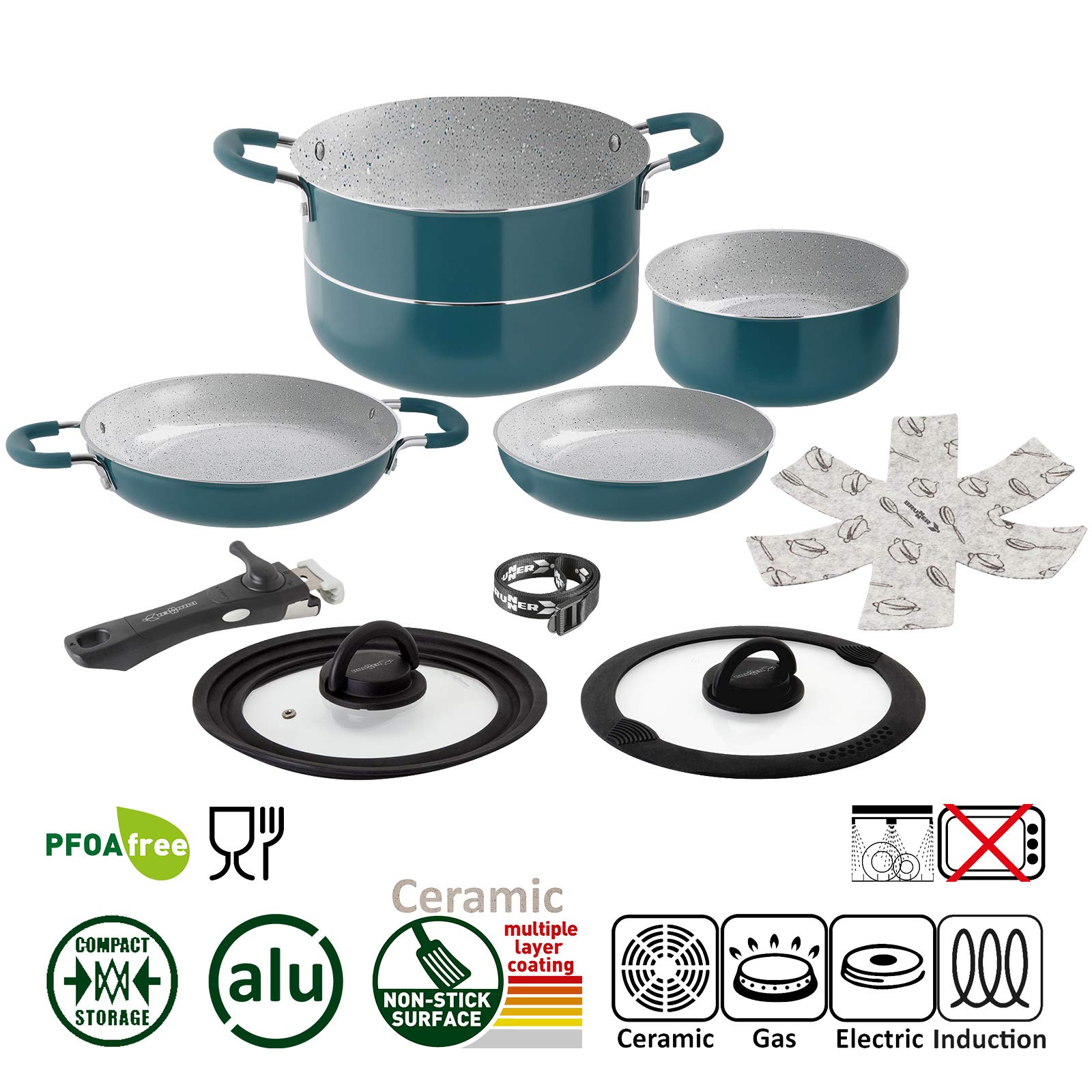 BRUNNER Set di pentole da campeggio in ceramica (pentole e padelle) – Ø 22 cm Carezza con cinghia – da 2 a 4 persone – rivestite, leggere e impilabili