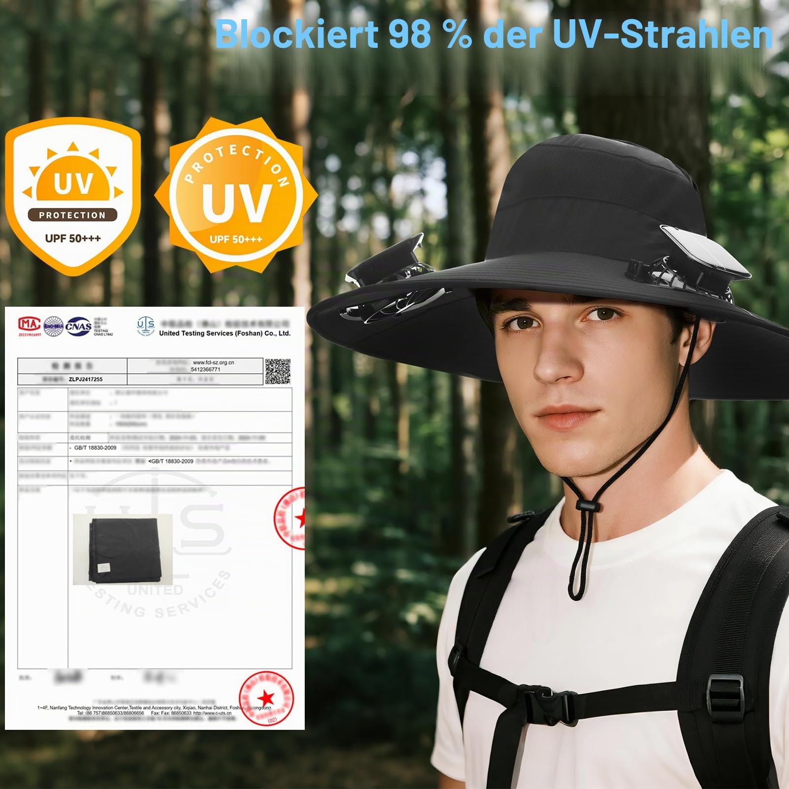 Hut mit Ventilatoren, solarbetrieben, breite Krempe, Sonnenhut mit 2 Ventilatoren, zwei Stromversorgungsmodi, Outdoor-Solarbetrieben und USB-Aufladung, Fischerhut für Männer und Frauen, solarbetrieben