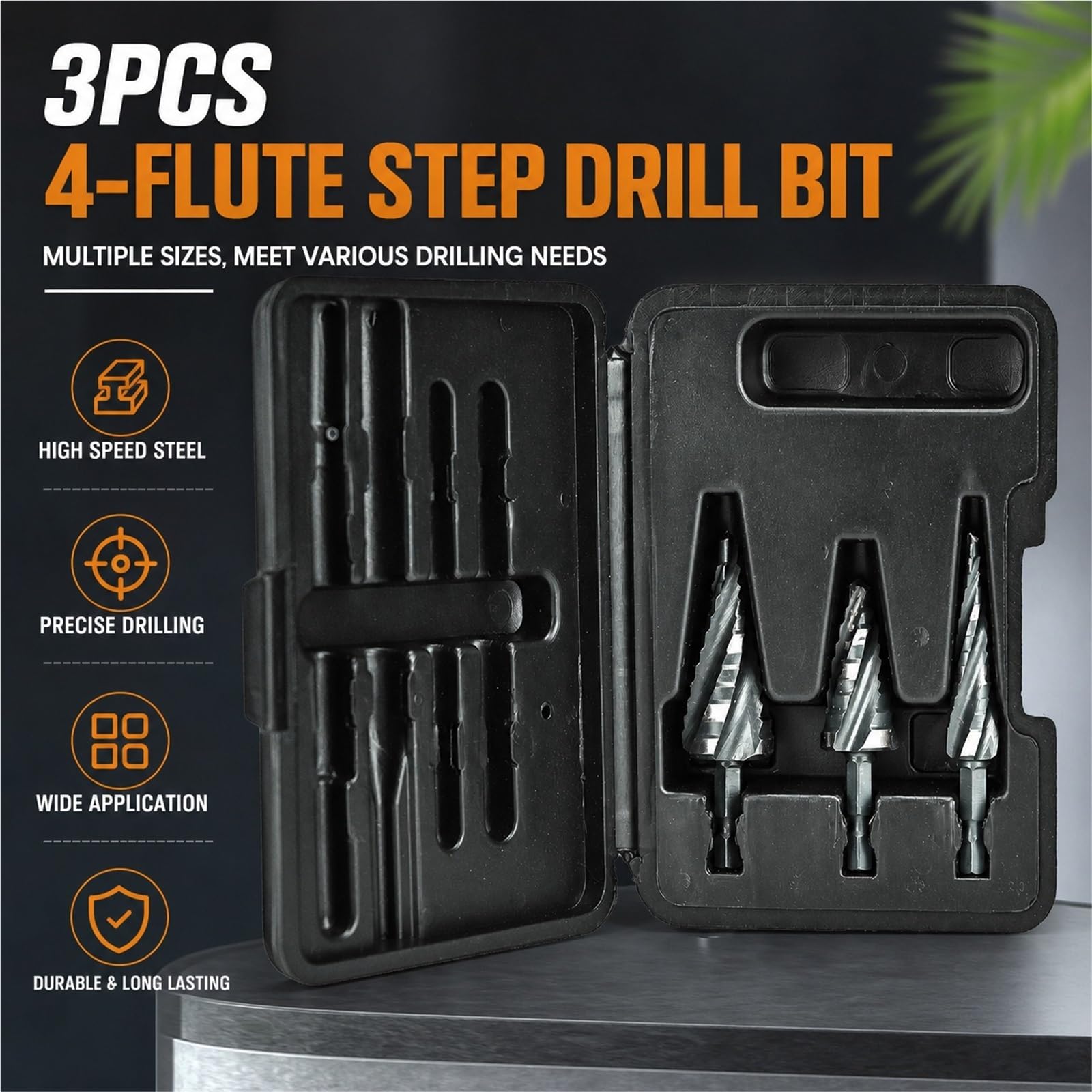 Set Di Punte for Trapano A Gradino 3 Pezzi Quattro for Flauto A Spirale | Punte da trapano HSS con codolo esagonale da 1/4" for acciaio inossidabile, alluminio, legno, plastica