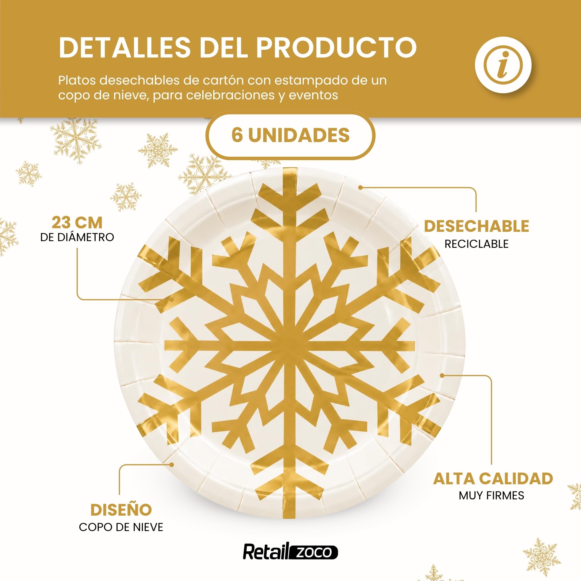 Platos de cartón, Platos Desechables cartón, Copos Navidad, 6 Unidades - imagen 2