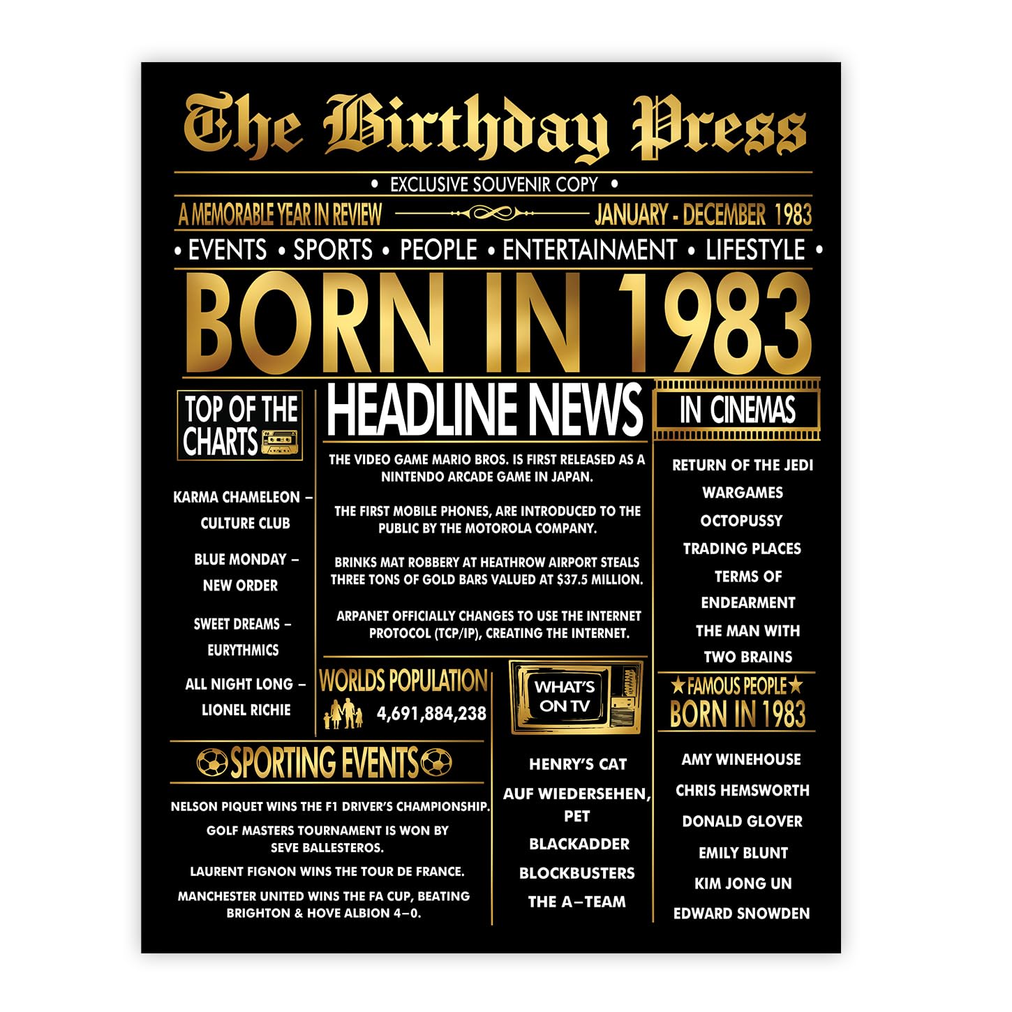 Stuff4 Gold 43rd Birthday Poster Unframed, Golden Born In 1983 Newspaper