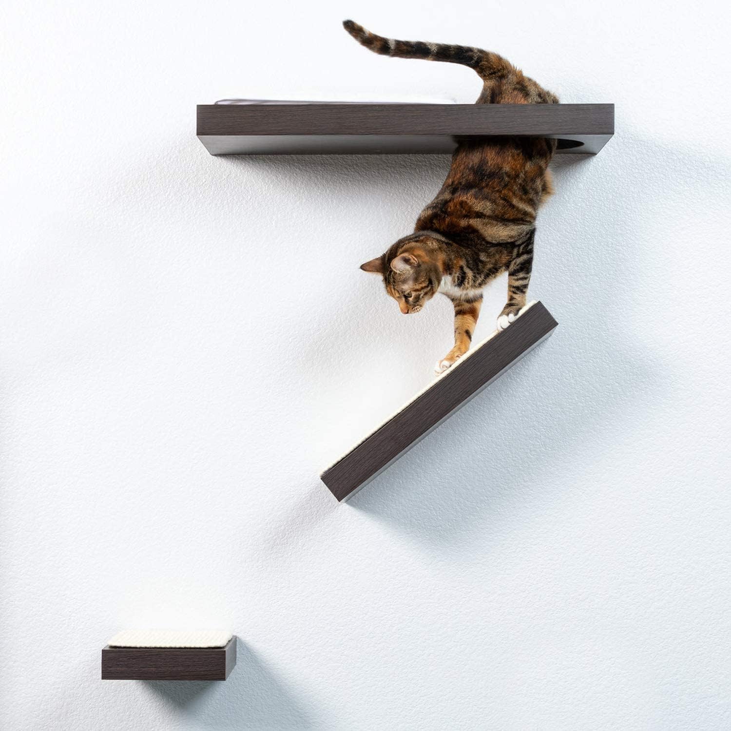 Cat Activity Wall Shelves (Available as a 3-Piece Set or Individual Shelf.) Sisal Surfaces for Cat Scratching & Plush to Lounge, Neutral Design & Color Tones. Easy & Secure Wall Mount