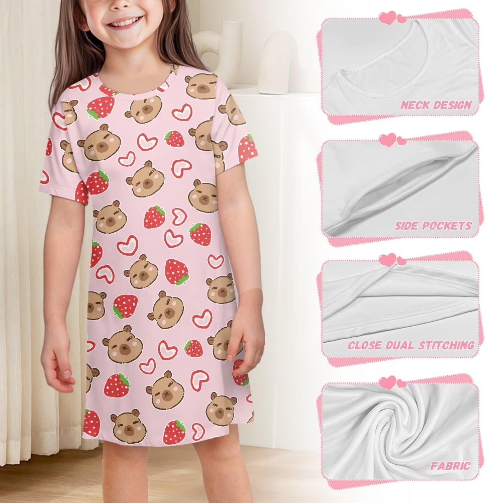 Camisón de manga corta para niñas 3-4, 5-6, 7-8, 9-10, 11-12, 13-14