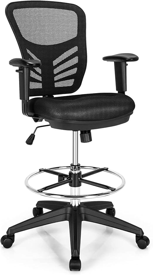 COSTWAY Tall Office Chair, Ergonomic Mesh Back Counter Height Standing Desk Chair w/Adjustable Footrest & Armrests, Rolling Height Adjustable Computer Drafting Chair for Home Office, Black