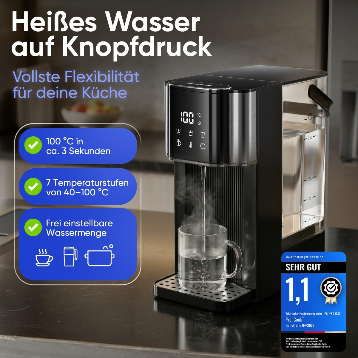 ProfiCook® Heißwasserspender | 100°C in 3 Sek. | 7 Temperaturstufen | Babynahrung geeignet | 40-100 °C | Teekocher mit Temperatureinstellung | 3L Tank | Quick Select | Sensor Touch | PC-HWS 1320