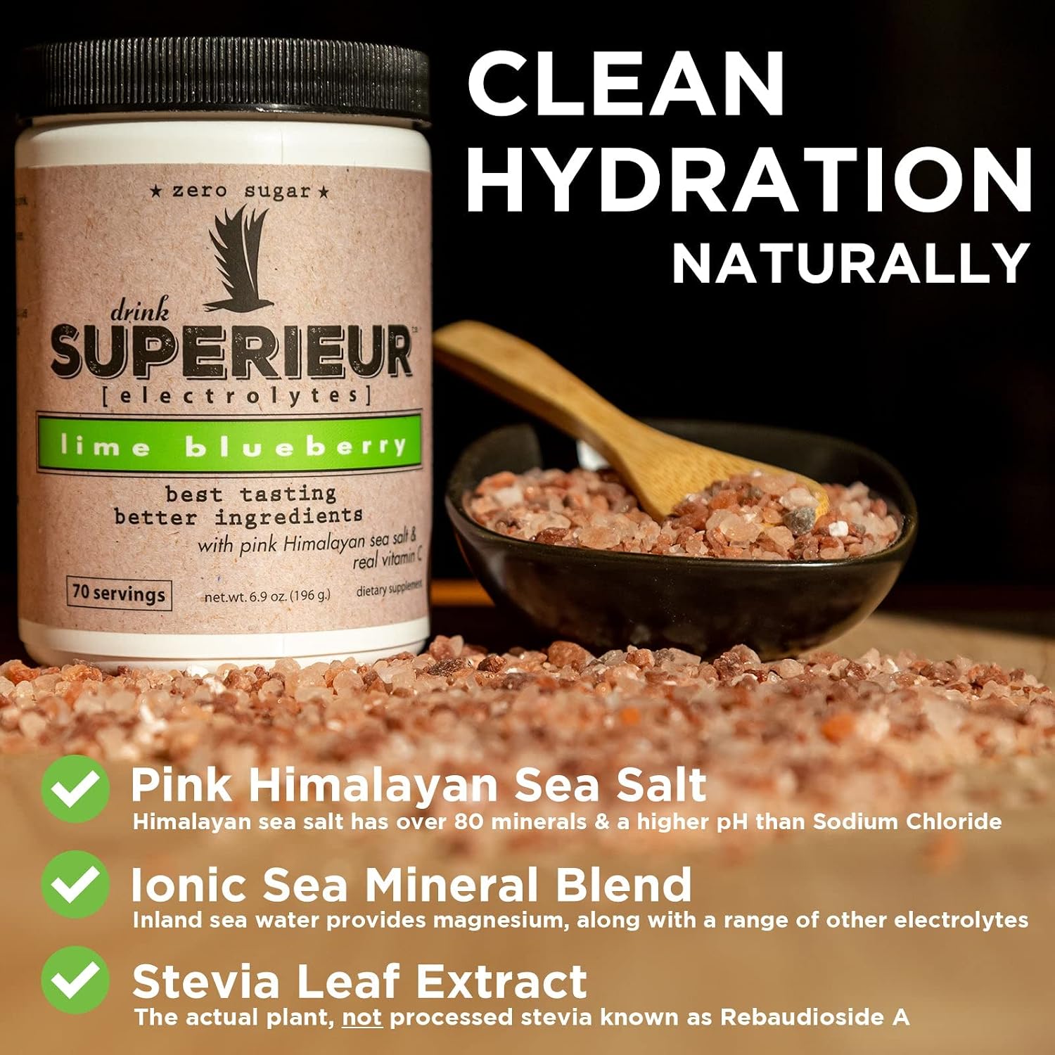 Superieur Electrolytes–Plant Based Electrolyte Supplement w/Sea Minerals for Hydration & Recovery–Keto Friendly, Non-GMO, Zero Sugar, Vegan, Healthy Sports Drink Powder–Lime Blueberry (70 Servings)