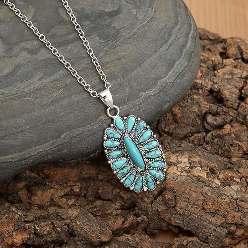 Pingyongchang Natural Turquoise Necklace Boho Bead Silver Cross Vintage Statement Pendant Necklace Handmade Turquoise Western Necklaces Jewelry For Women And Girls (A) #TOP2