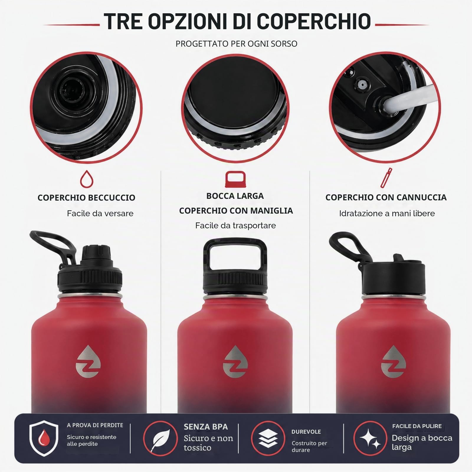 Borraccia Termica 2 Litri con Cannucce e 3 Coperchi, Borraccia Acciaio Inox con Manico in Paracord, Bottiglia Termica con Spazzole per Palestra, Escursionismo, Campeggio (Rosso+Viola)