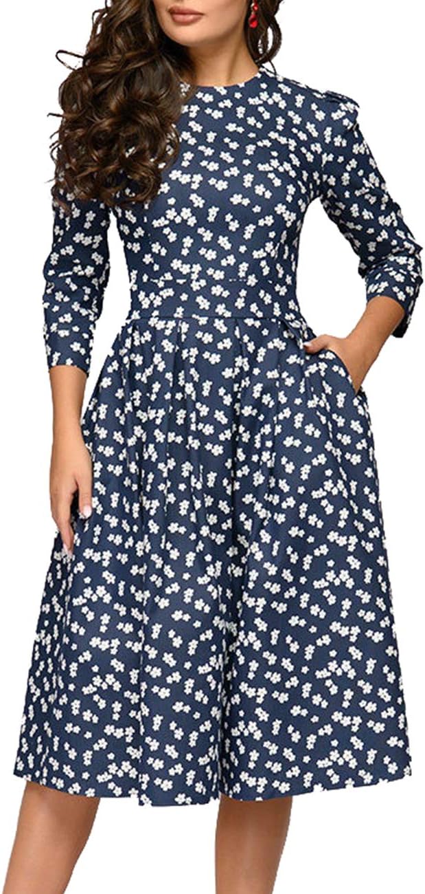 Simple Flavor Women's Floral Vintage Dress Elegant Midi Evening Dress 3/4 Sleeves (0805Navy, M)