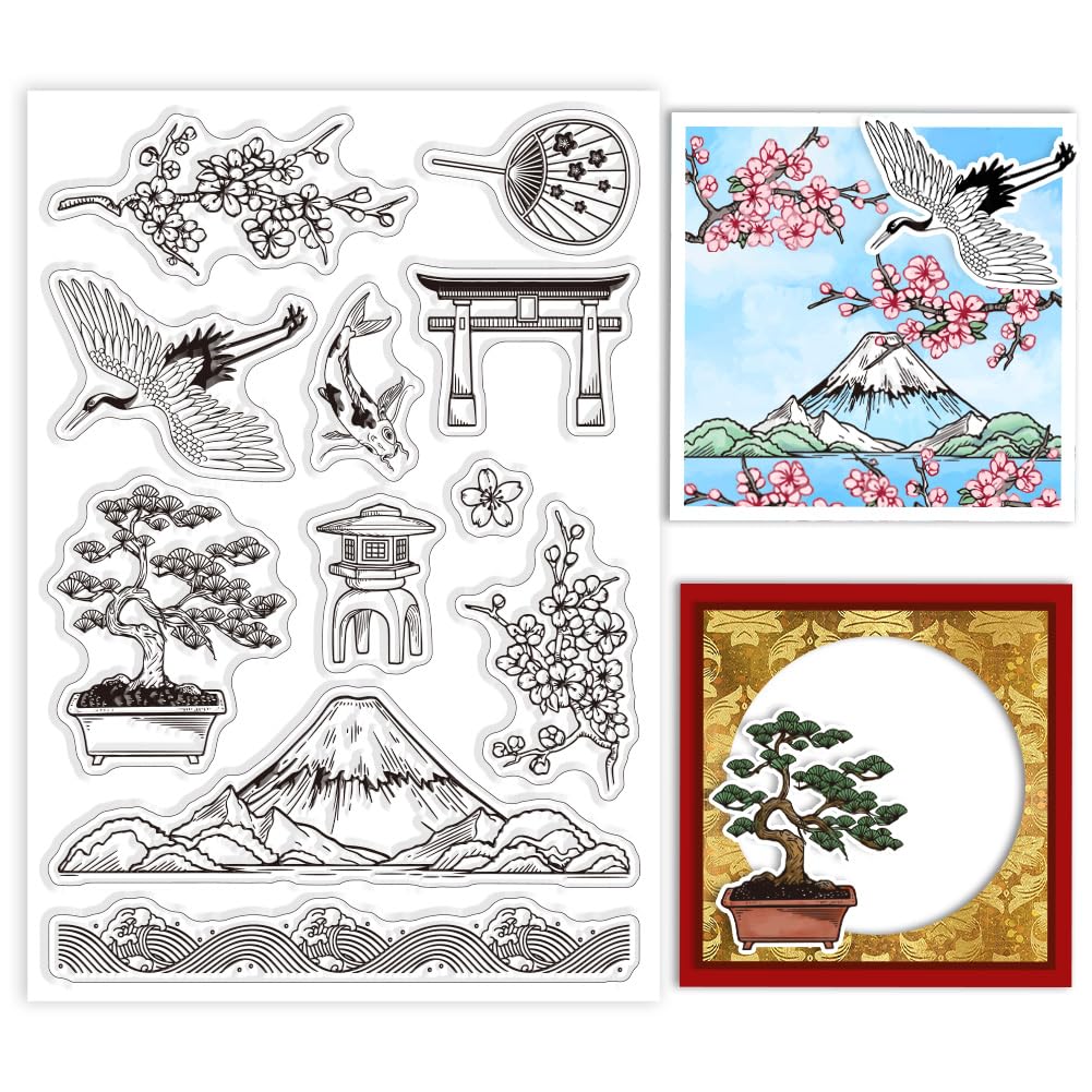 GLOBLELAND Japan Cherry Blossoms Clear Stamps for DIY Scrapbooking Mount Fuji Silicone Stamp Seals Crane Transparent Stamps for Cards Making Photo Album Journal Home Decoration 6.3×4.33inch