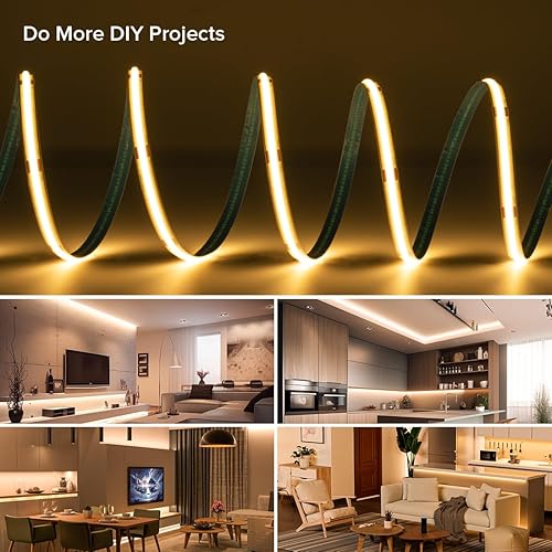 Miniatura 6 de Tira de luces LED COB de 16.4 pies, regulable, CC de 12 V, 2700 K, blanco cálido, tira COB, tira de luces adhesivas flexibles para decoración del