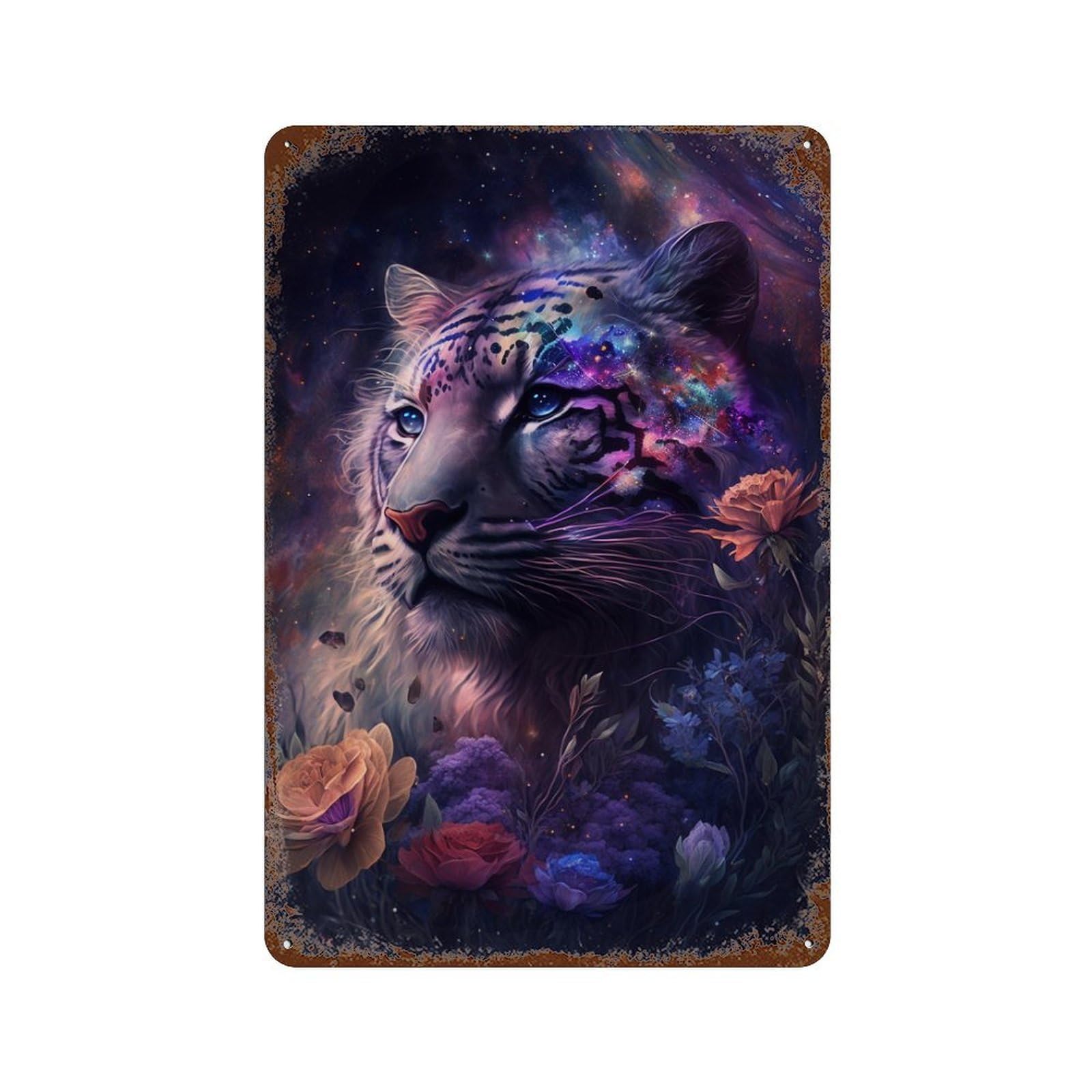Vintage Rust Metal Sign Galactic Tiger Fantasy Art Print -1 11.8"x7.9", Retro Wall Decor for Patio, Garden Room And Bar Decor