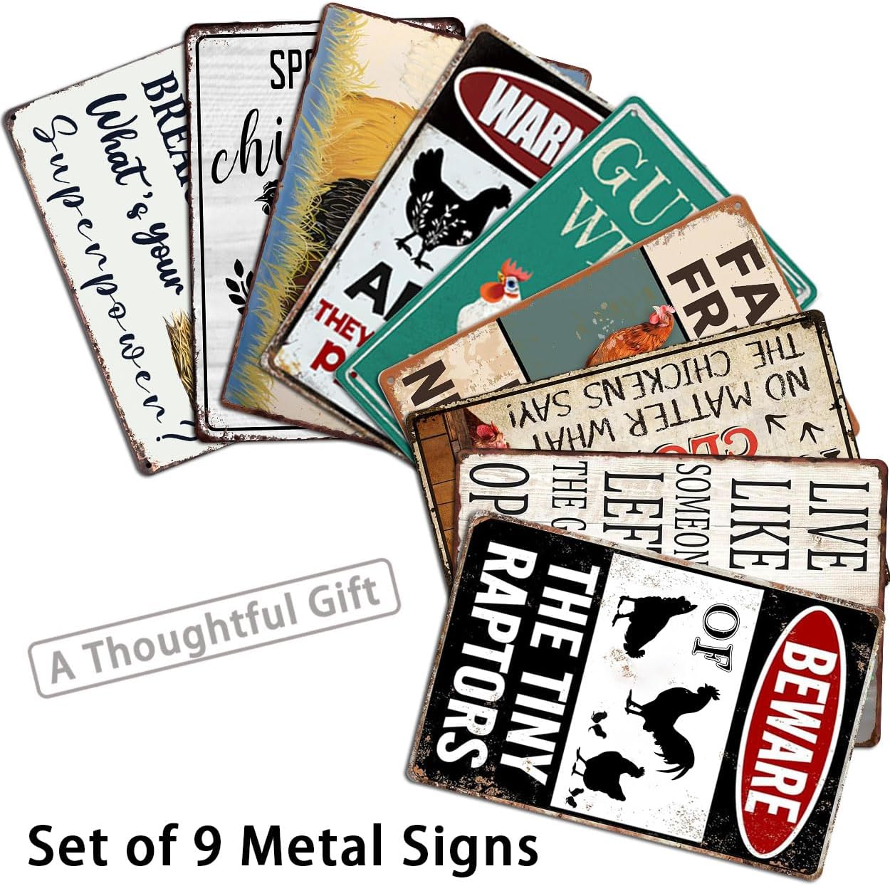 Funny Chicken Coop Signs Outdoor Decor - Personalized Metal Farm Signs for Outdoors, Vintage Chickens Tin Sign 8x12 Inches (9-Pack) - Chicken Gifts for Chicken Lovers, Farmhouse Yard Fence & Garden Wall Decor