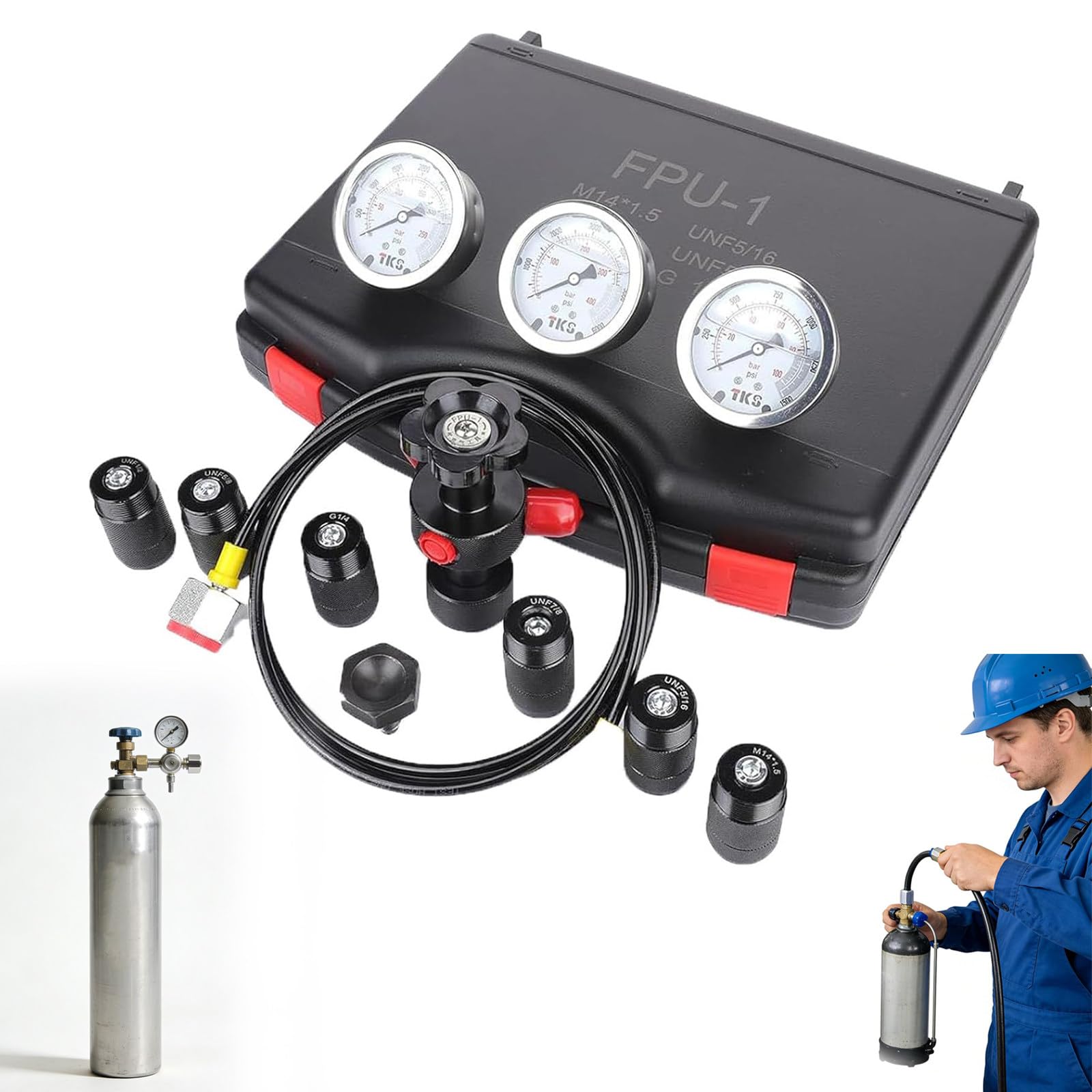 Zestaw do ładowania akumulatora hydraulicznego – kompletny system testowania ciśnienia z 3 wskaźnikami (1500/4000/6000 psi), 6 adapterów, węża i zaworu do konserwacji przemysłowej