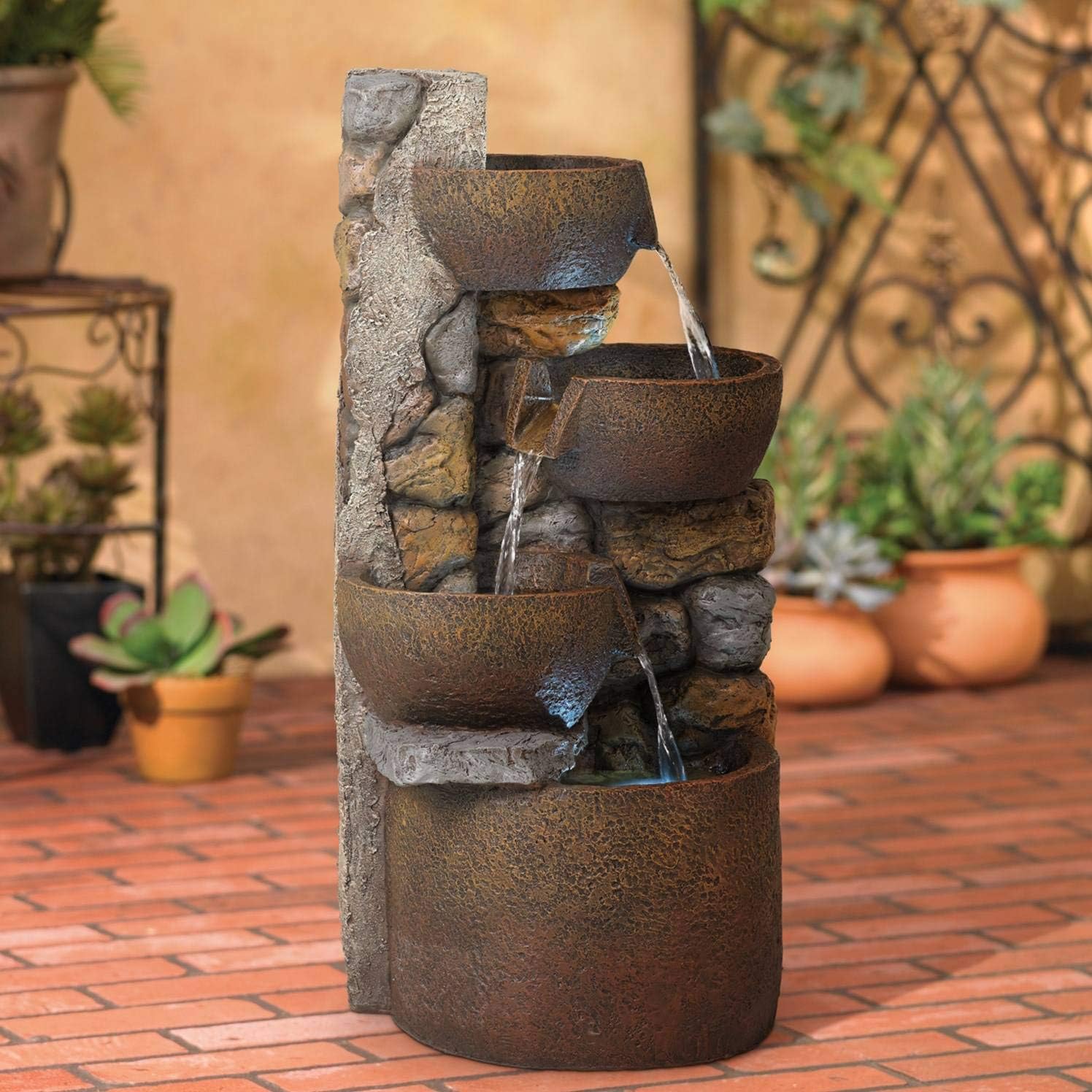 Rustic Cascading Urn Outdoor Floor Fountain with LED Light