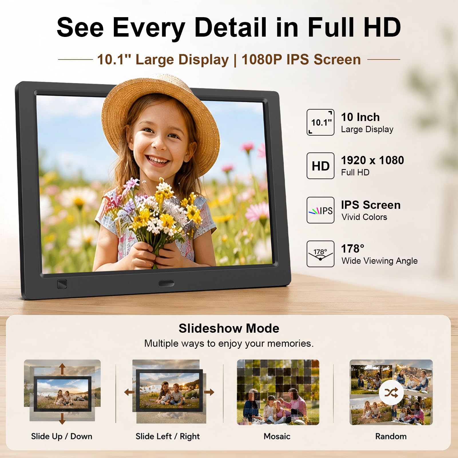 Cadre photo numérique 10,1" avec clé USB de 32 Go, écran HD IPS 1920 x 1080, capteur de mouvement, vidéo, musique, partager des moments via carte SD ou USB, avec télécommande, noir