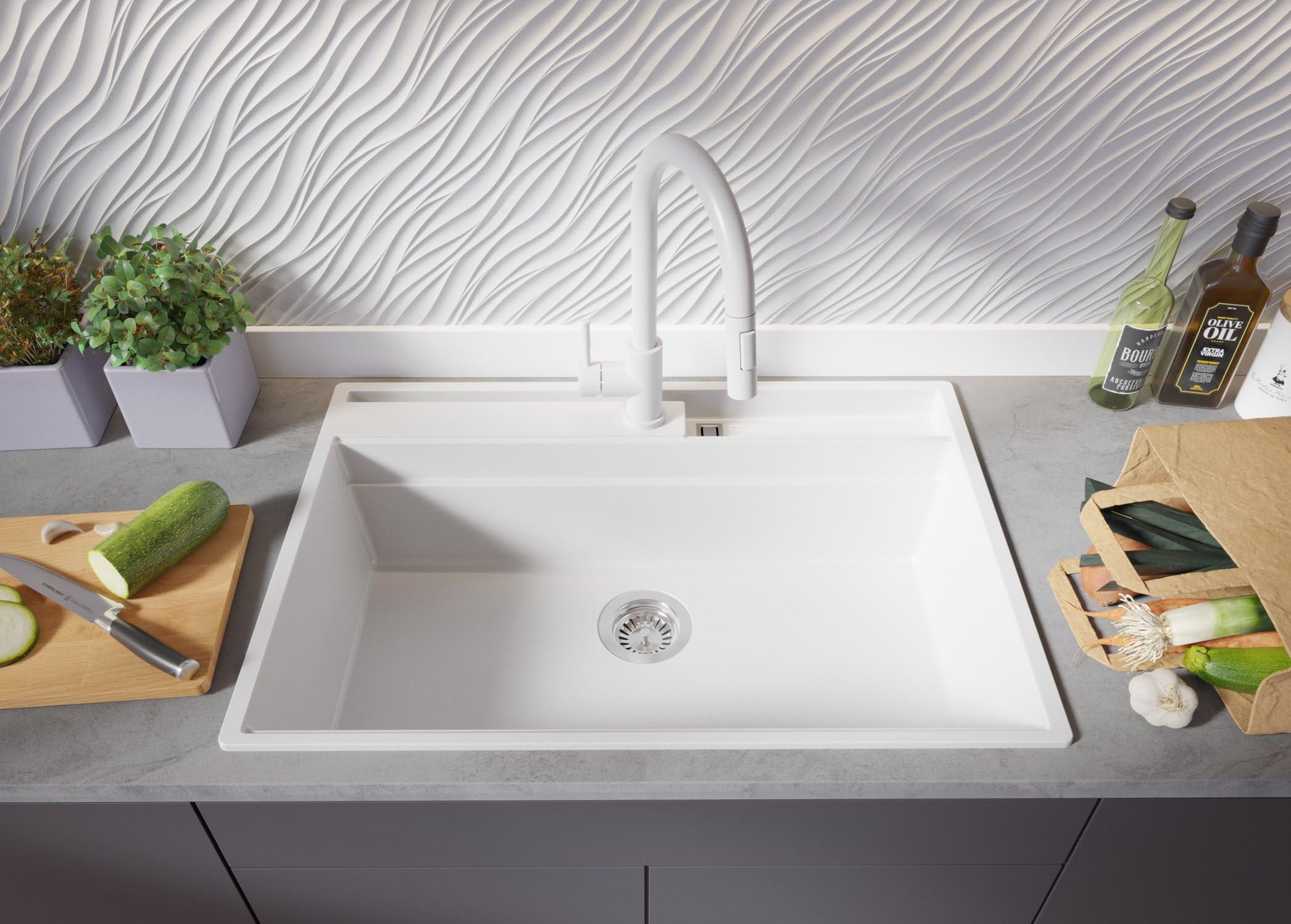 PRIMAGRAN Lavello da Cucina Bianco 78x53cm, Lavandino in Granito a 1 vasca + Sifone Classico, Lavabo da Cucina Incasso al Mobile 80cm - Oslo Pocket S336