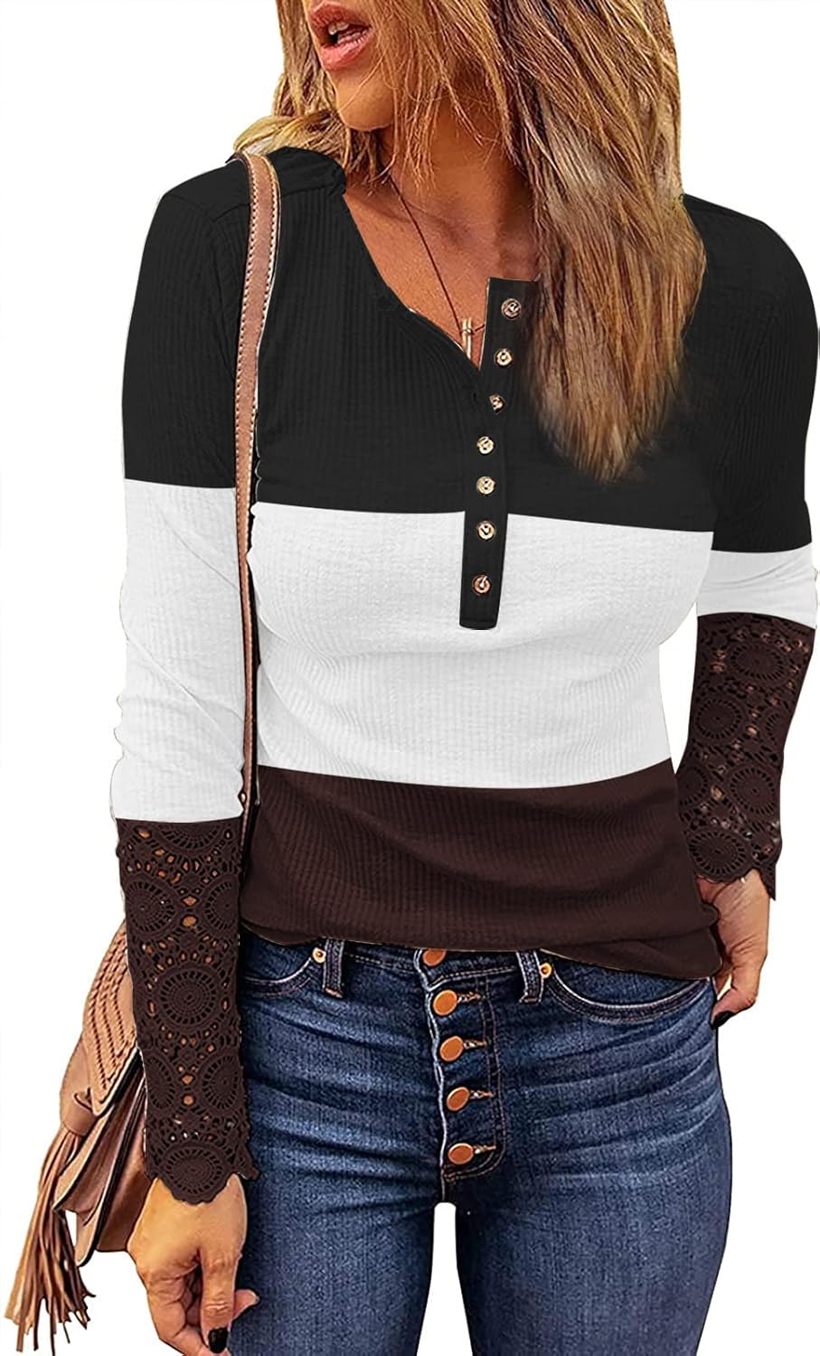 LEXISLOVE Womens Tops Long Sleeve Shirts Button Up Fall Tops Lace Ribbed V Neck Casual Henley Shirts Tops Tunic Blouses