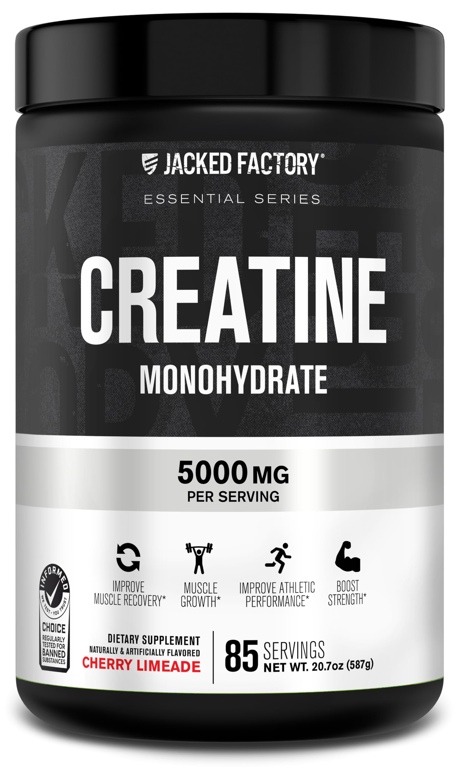 Jacked Factory Creatine Monohydrate Powder 425g - 5g Daily Micronized Creatine Monohydrate for Men and Women, Vegan-Friendly, Third-Party Tested - 85 Servings, Cherry Limeade Cherry Limeade 85 Servings (Pack of 1)