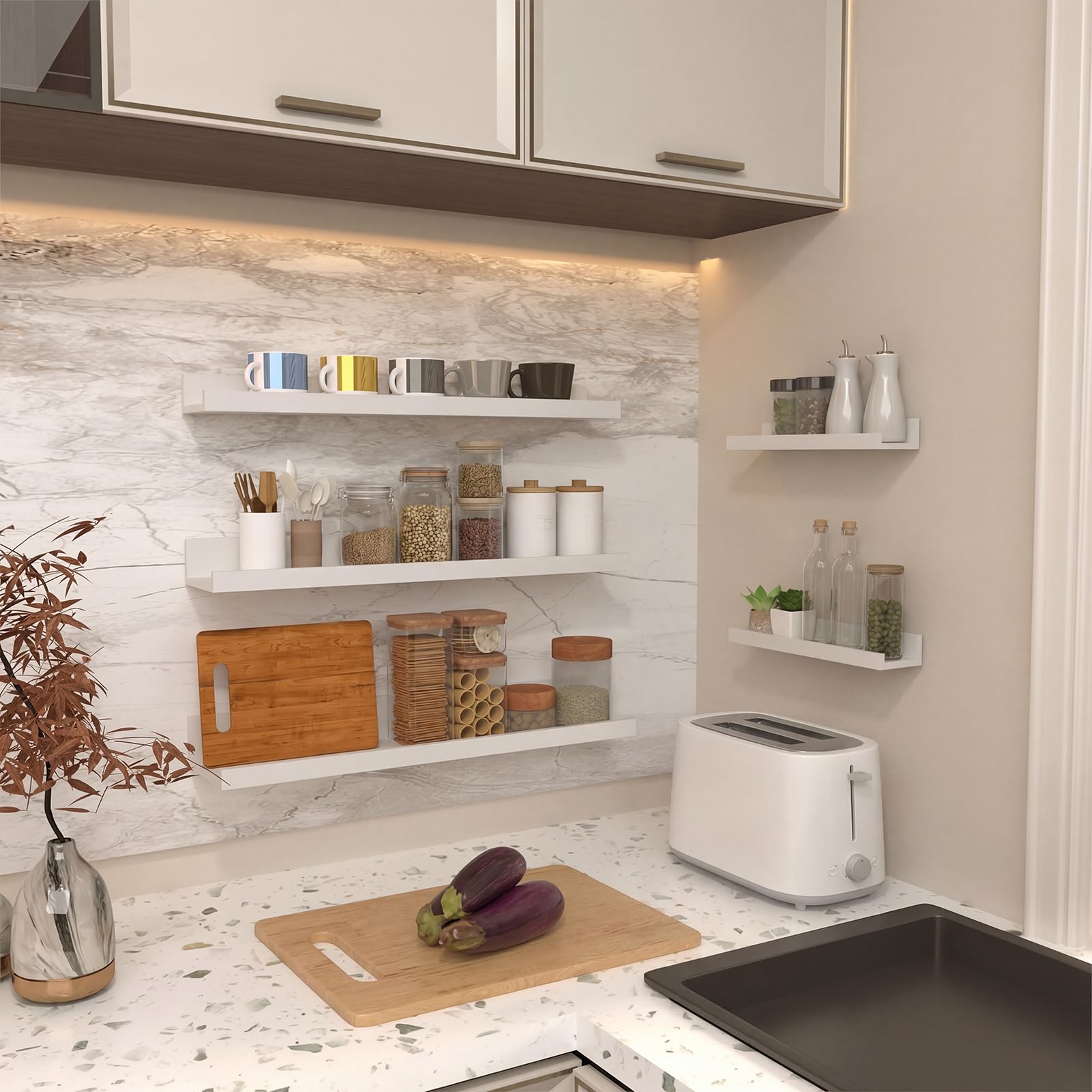Giftgarden 60cm Estanteria Pared de Madera, Baldas Pared Blanco para Baño, Entrada Recibidor, Cocina, Salon-Juego de 5 con Diferentes Tamaños