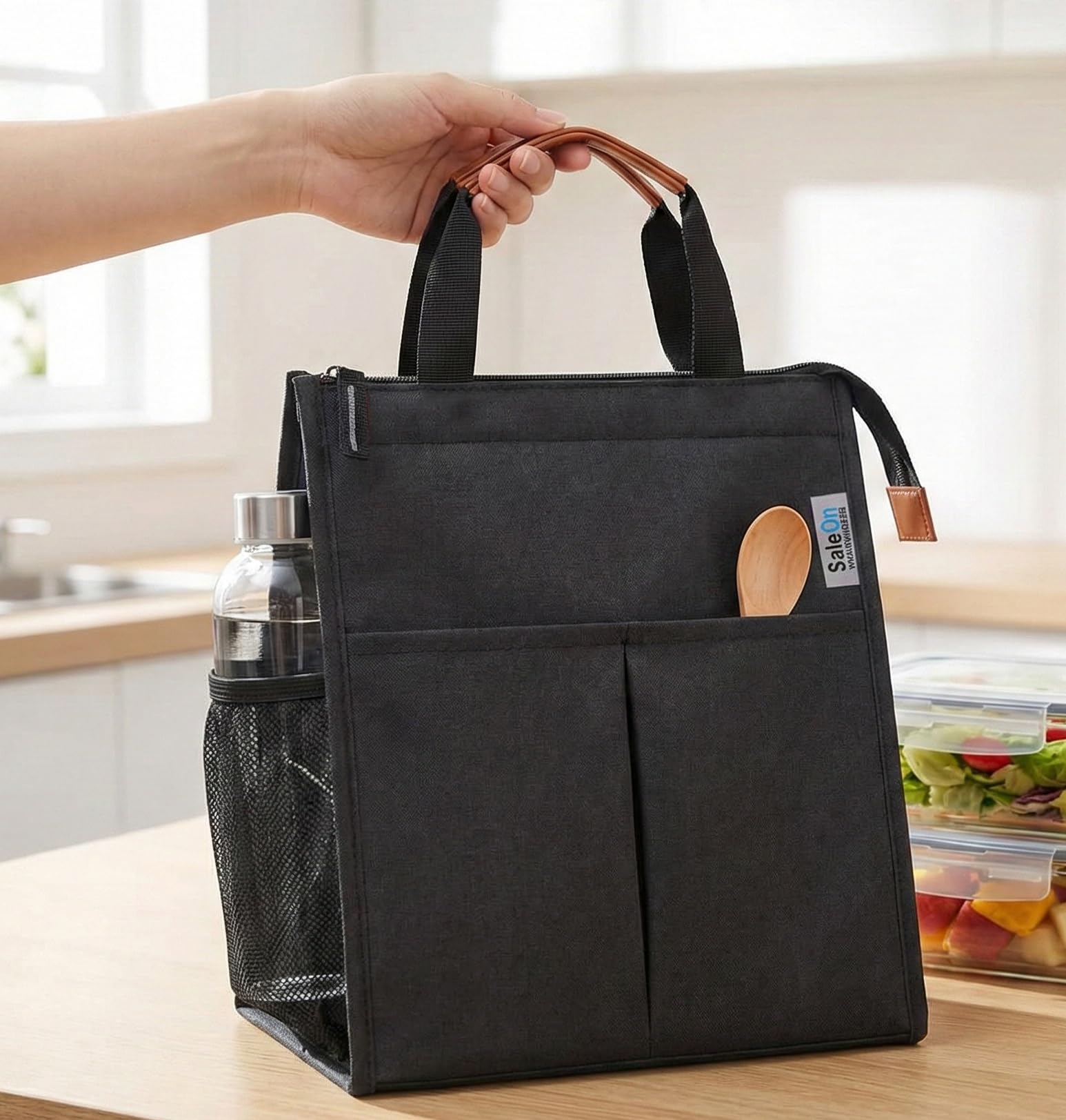 SaleOn Insulated Lunch Bag for Women & Men | Waterproof Soft Cooler Tote | Leakproof, Reusable with Pockets | Thermal Lunch Box for Office, Travel, Picnic (Grey)-image-0
