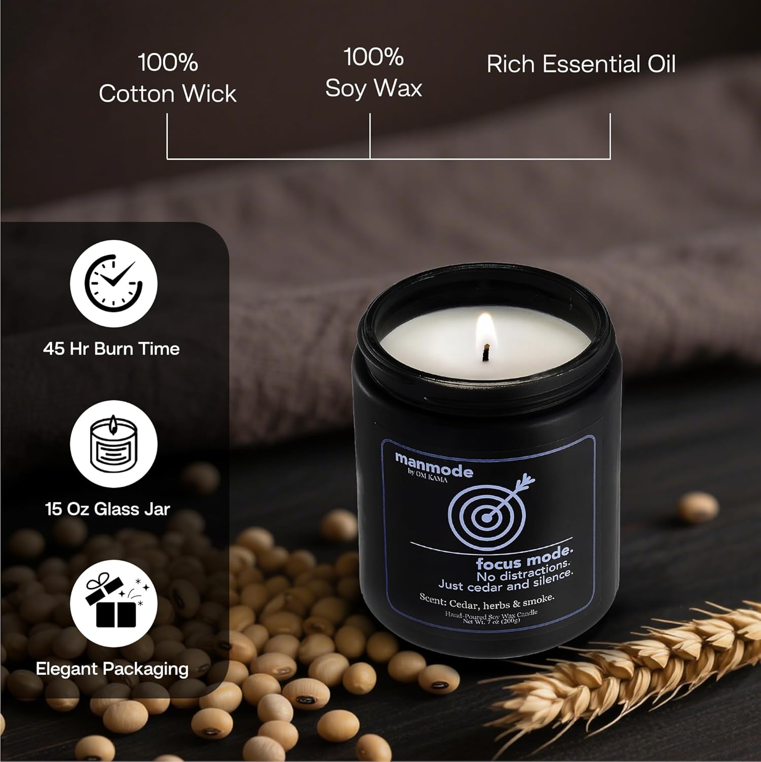 MANMODE Best Focus Mode - Soy Candle for Men (7oz) – Herbal & Wood Scented Jar Candle – Gift for Him, Husband, Boyfriend or Dad
