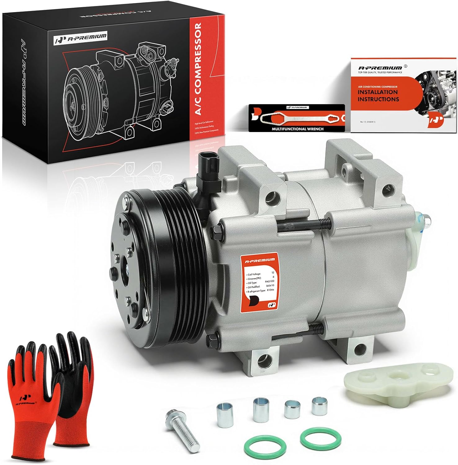 A-Premium AC Compressor with Clutch Compatible with Ford Mustang 4.0L 2007-2010, with FS18 Compressor, 6 Grooves