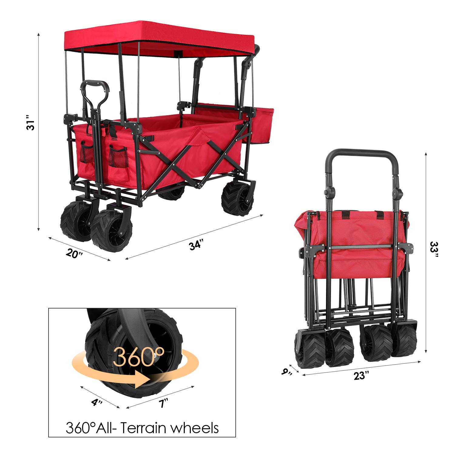 Push and Pull Collapsible Utility Wagon, Heavy Duty Folding Portable