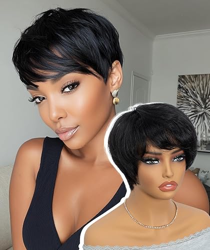 QUEEN VIRGIN REMY QVR Pixie Cut Wig Human Hair Wigs with Bangs Short Wigs for Black Women Human Hair Different Style Pixie Wig for Daily Wear Natural Black Color