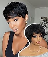 Vista 12 de QUEEN VIRGIN REMY QVR - Peluca de cabello humano con corte Pixie con flequillo, pelucas cortas para mujeres negras, cabello humano de diferentes