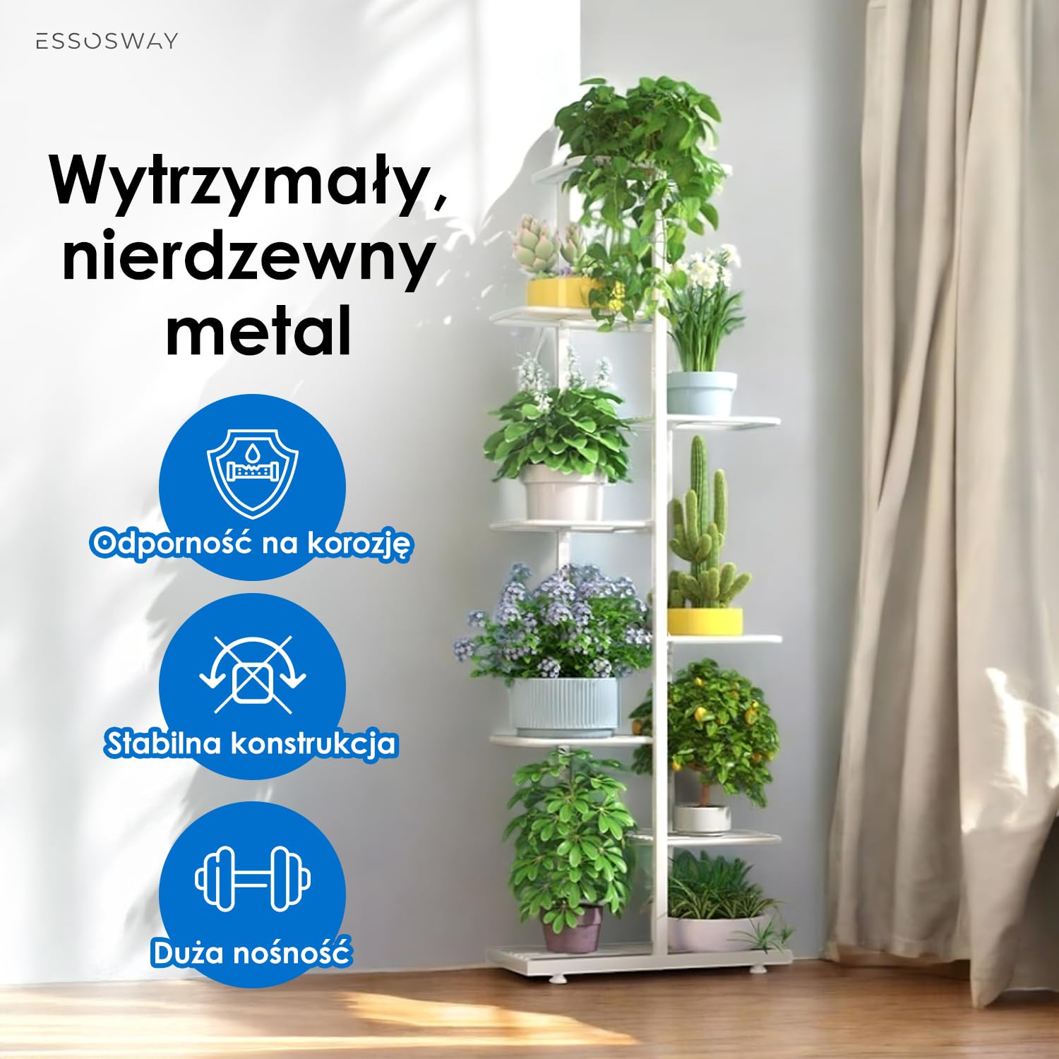 Stojak na Rośliny do Wewnątrz - Kwietnik Stojący Metalowy - 8-poziomowy - Nowoczesny - 142 cm - Biały