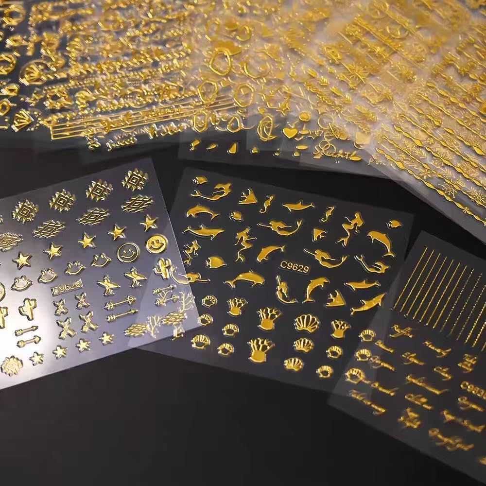 Scheibe 3D Golden Nail Art Stickers, Acrylic Material, Glossy Finish, 12 Sheets, Celestial Moon Star Smiley Face Geometric Patterns, Self-Adhesive-image-17