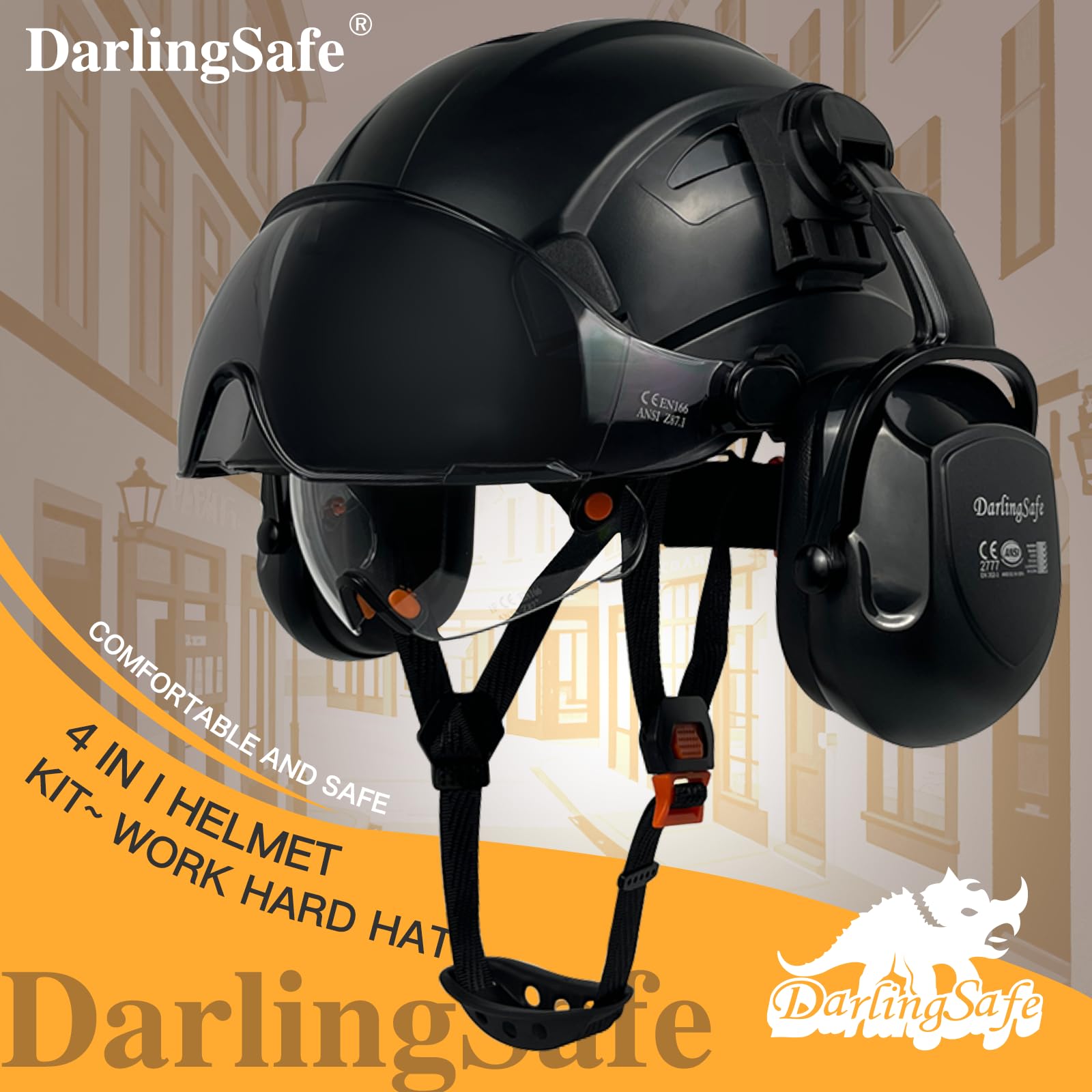 DarlingSafe Safety Helmet with Visor Ear Muffs Hard Hats Visor Workplace Head Protection ANSI Z89.1 Certificated Construction Outdoor Work Hardhats (DR08-Black+Clear/Tinted Visor+ B07 Ear Muffs)