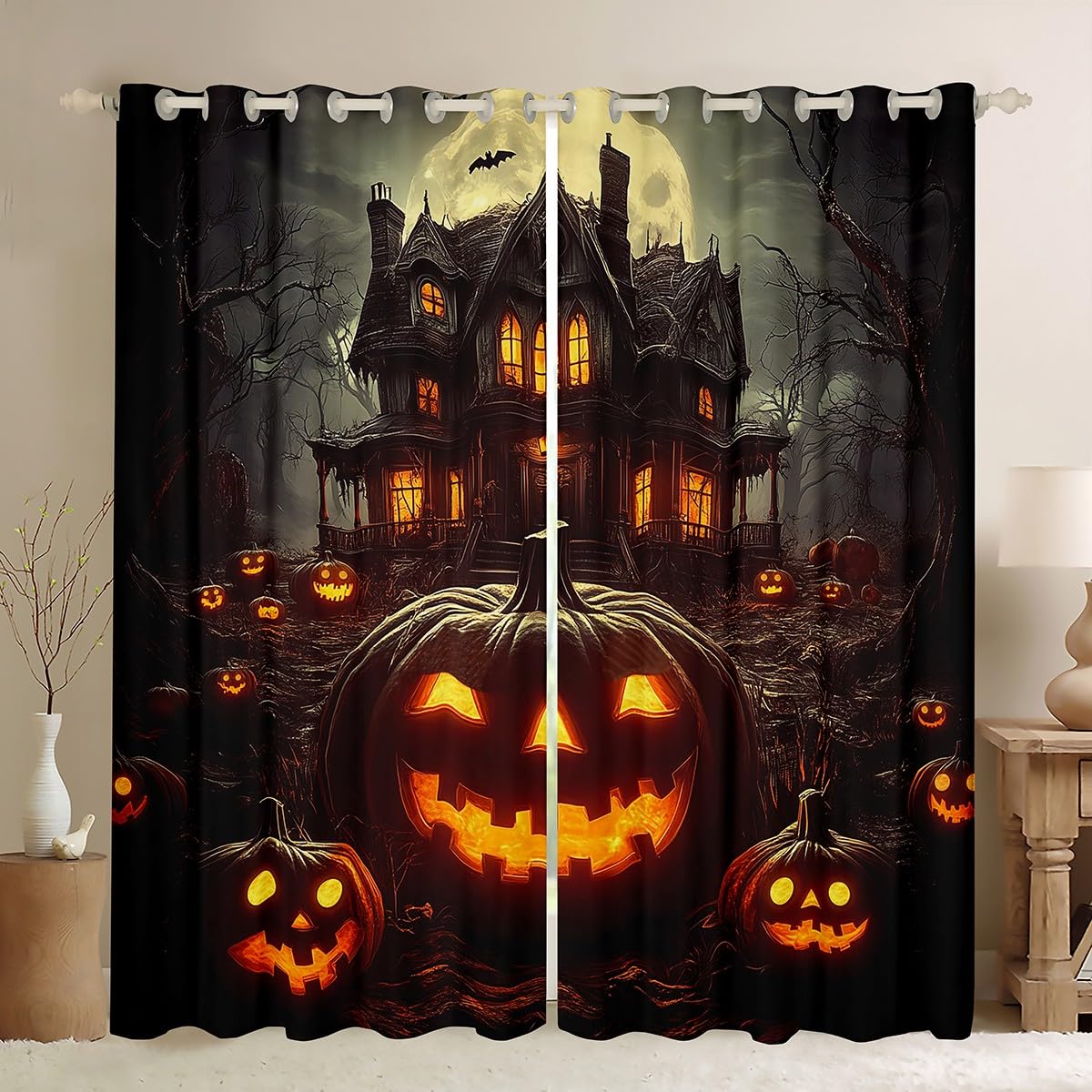 Kürbis Halloween Verdunkelungs Vorhänge Kürbis Laternen Vorhänge Glückliche Halloween Fenster Vorhänge Trick Or Treat Thema Schlafzimmer Vorhänge Geist Spinne Fledermäuse Dekor Vorhänge,117Bx183L