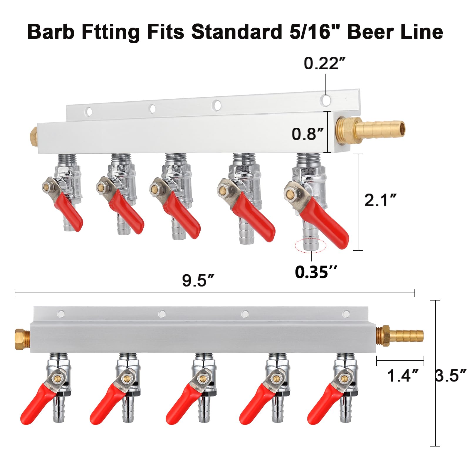 MRbrew Gasverteiler CO2 Gasverteiler, 5/16 Zoll Barb Fitting Bierkegerator Splitter, 5-Wege-Luftverteiler mit integrierten Rückschlagventilen & Schlauchschellen