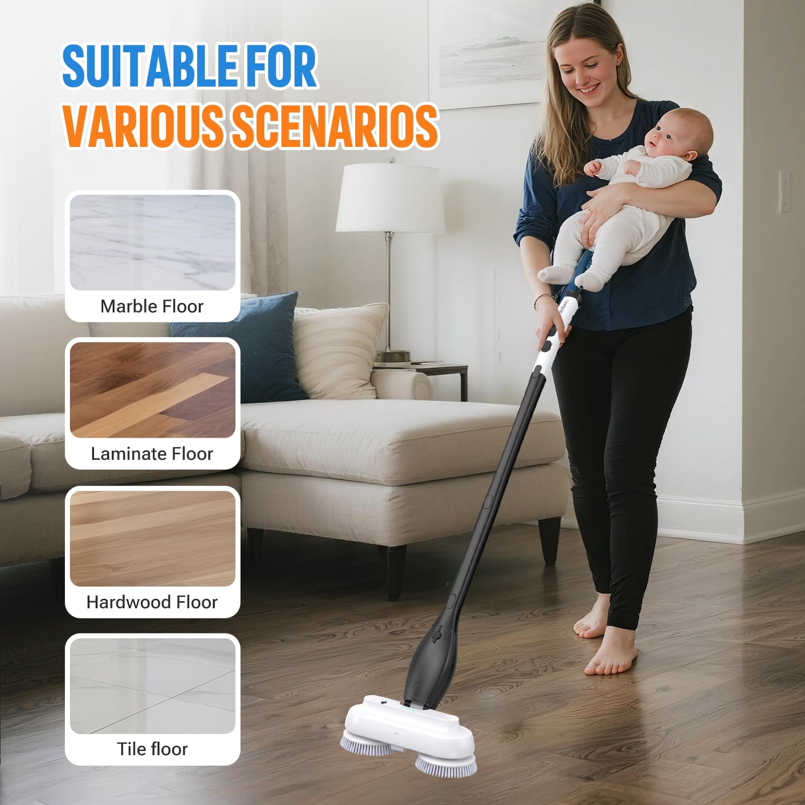 Balai Nettoyeur de Sol Électrique Sans Fil IPX8 avec Pulvérisateur, Autonomie 60 Min, Réservoir 800ml, Manche 4-Niveaux, Nettoyeur et Polisseur pour Parquet, Carrelage et Marbre