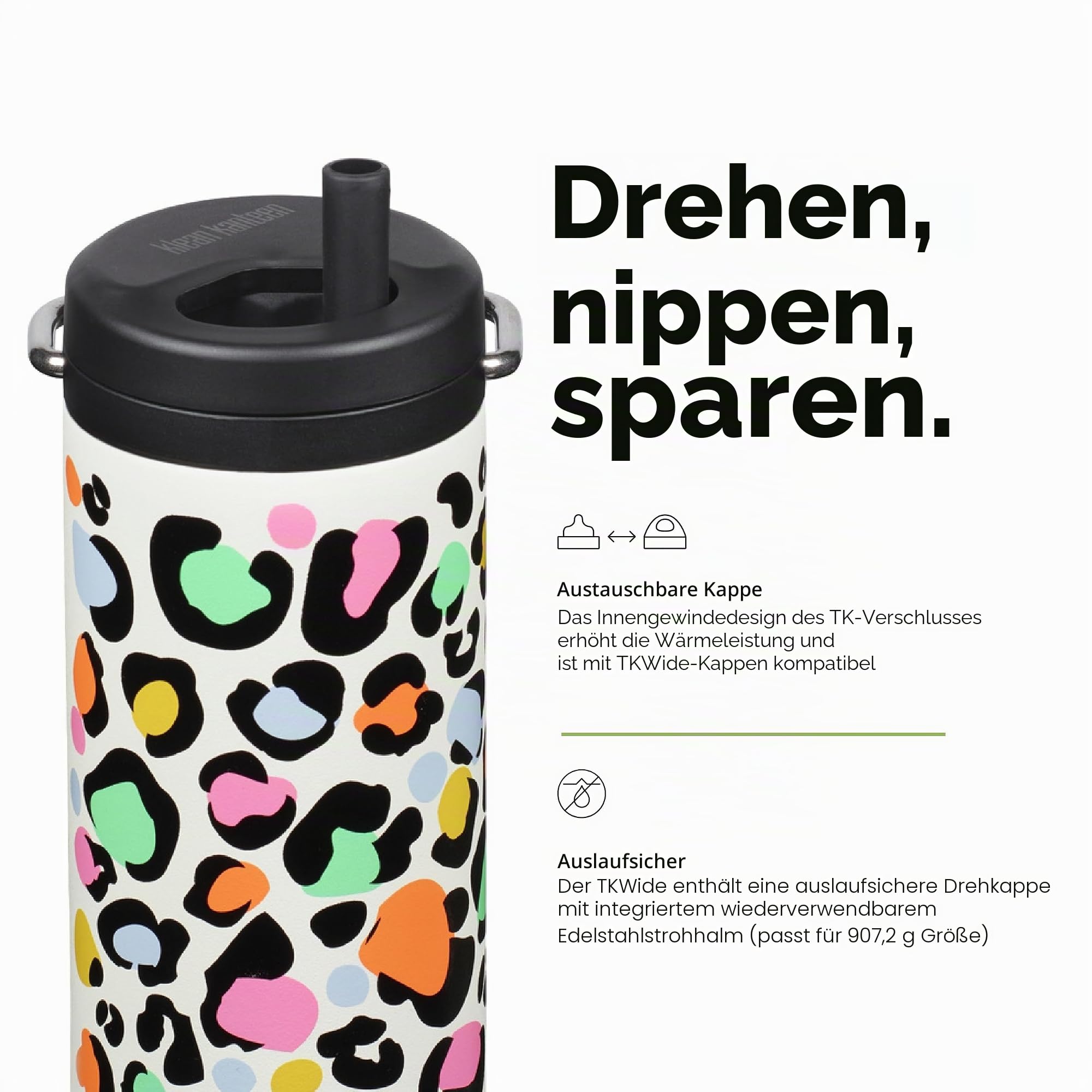 Klean Kanteen TKWide Uni 300 ml (mit Twist-Deckel), Leopardenmuster, Weiß