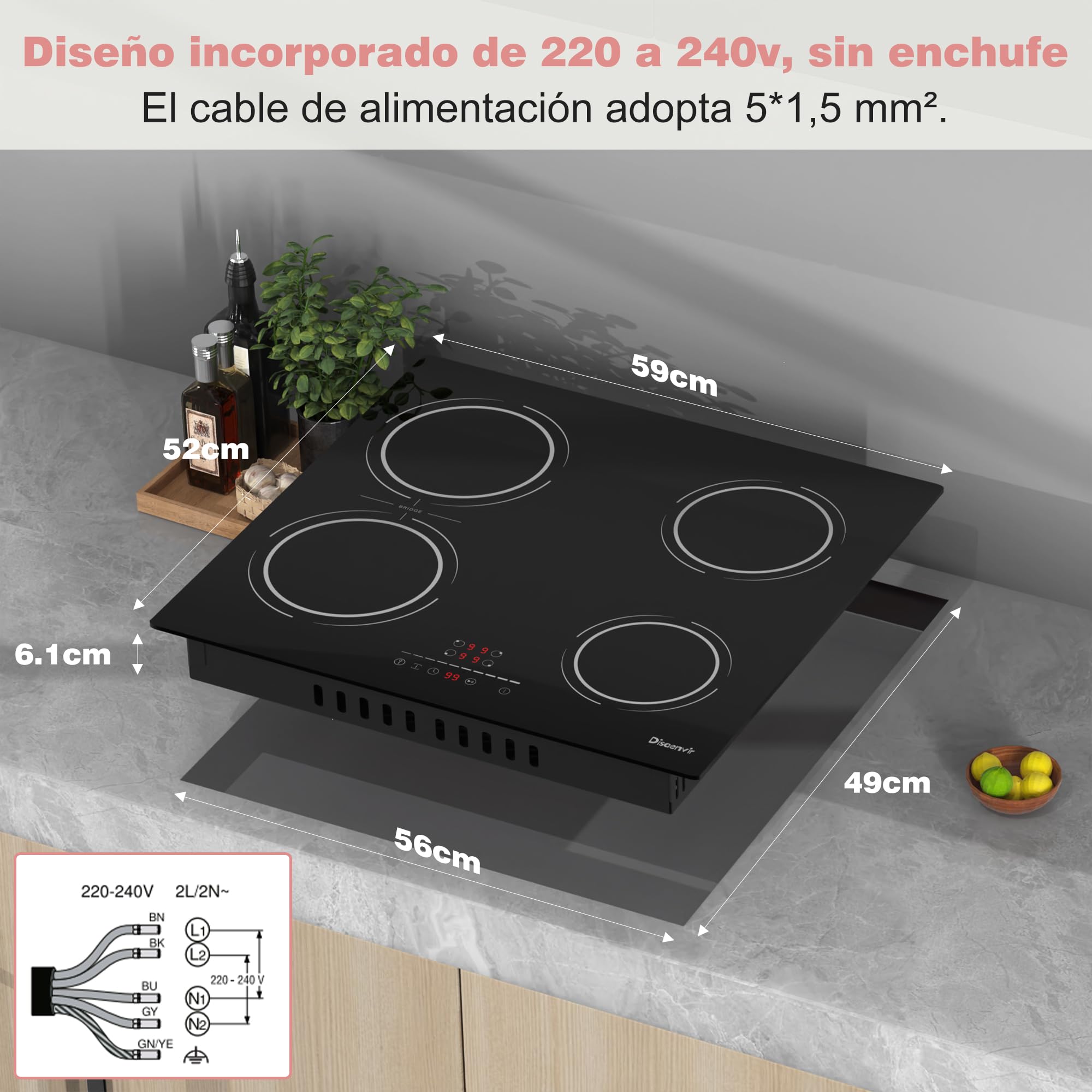 Placa Induccion 4 Fuegos 6400W, Placa de Inducción Integrada 4 Placas, Vitroceramica Induccion Flexible Zone, Función de Pausa, 9 Nivels, con Temporizador, Cerradura Infantil | Booster - Interruptor de seguridad para niños, temporizador, función de pausa,