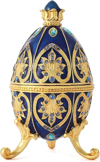QIFU Hand Painted Enameled Blue Faberge Egg Decorative Hinged Jewelry Trinket Box Unique Gift For Home Decor