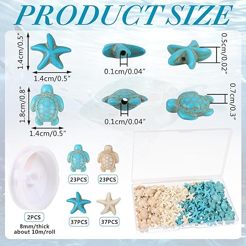 Miniatura 2 de 120 cuentas de tortuga, dije de estrella de mar, cuentas espaciadoras turquesa con 2 hilos elásticos y caja sintética con temática oceánica y mar,