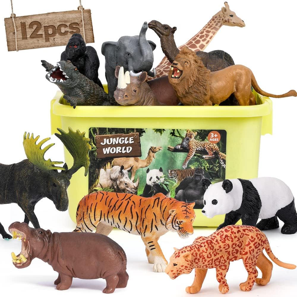 FRUSE Safari Animals Figures Toys, 12PCS Wild Zoo Figurines, Realistic African Jungle Playset With Panda, Lion, Elephant, Educational Learning Toys for Toddlers Kids 3-5